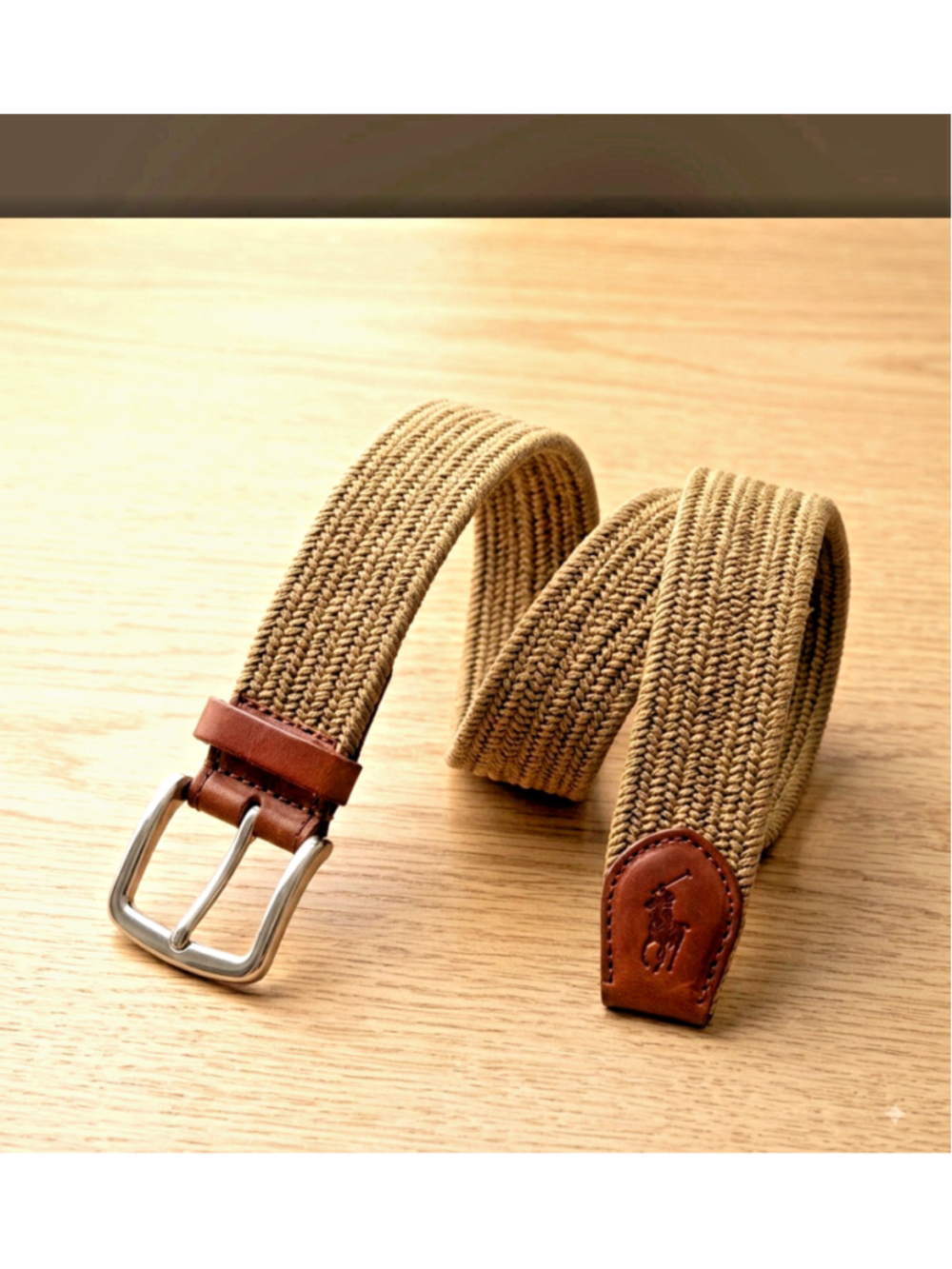 Polo Ralph Lauren Men's Woven Braided Stretch Belt Tan and Brown Leather